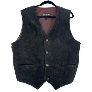 Wilsons Leather Vest Mens XL Black Suede Button Up Adjustable Back Strap Western